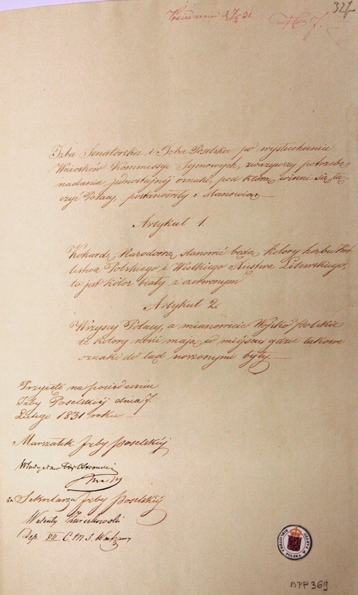 Oryginał ustawy z dnia 7 lutego 1831 roku. (Ilustracja ze zbiorów Biblioteki Polskiej w Paryżu)